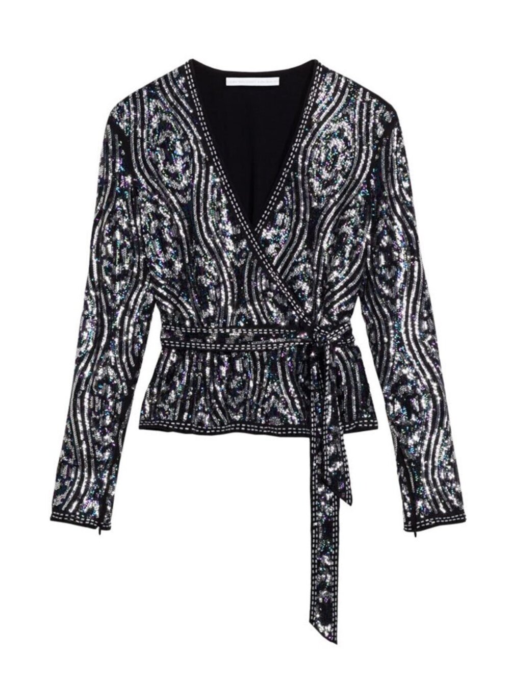 RODARTE x & Other Stories Peacock Sequin Bead Silk wrap Top Sz 8 Silver Black M